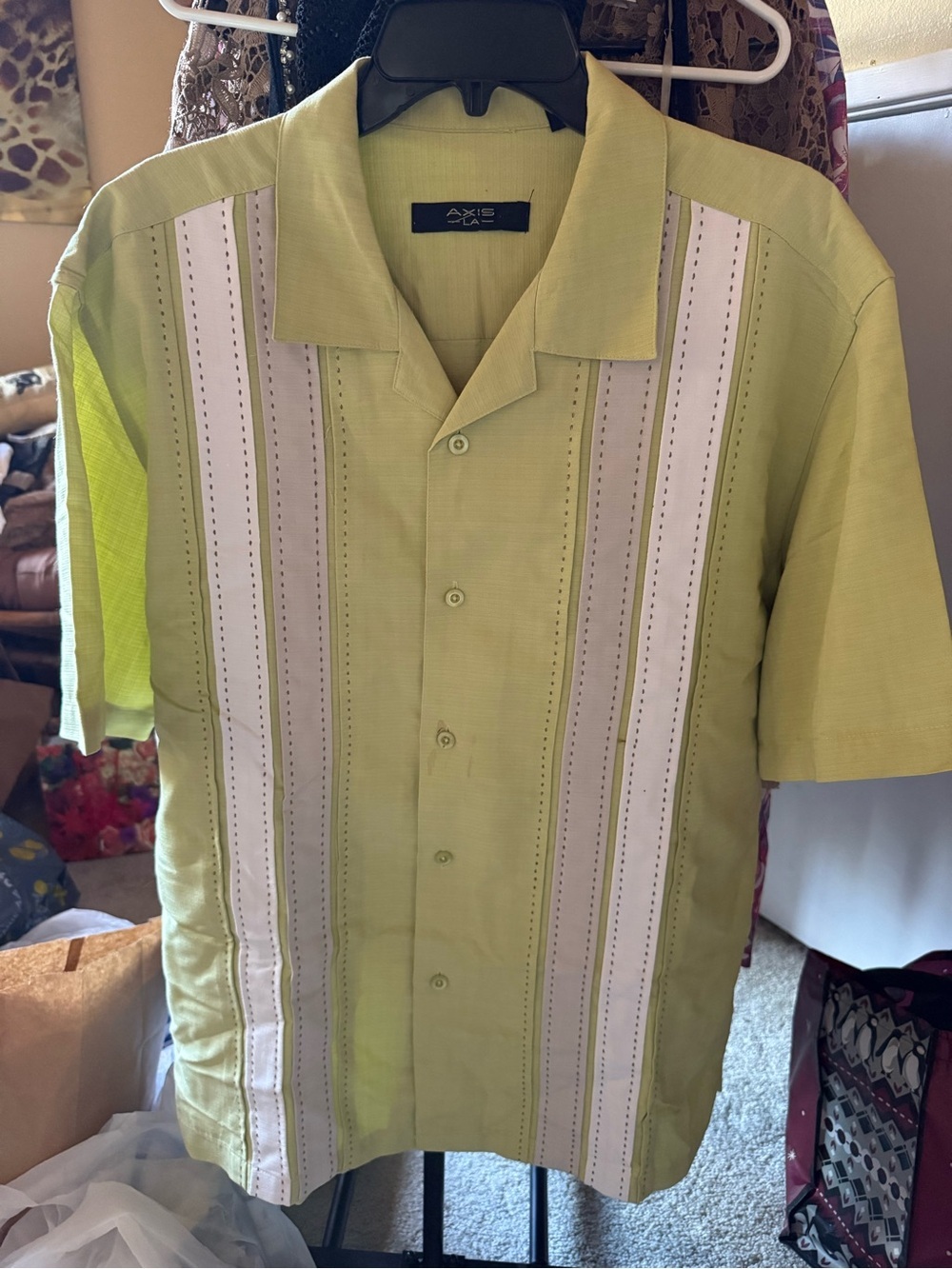Axis LA Retro Lime Green Bowling Shirt with Vintage Striped Panels - Size L - Picture 6 of 8
